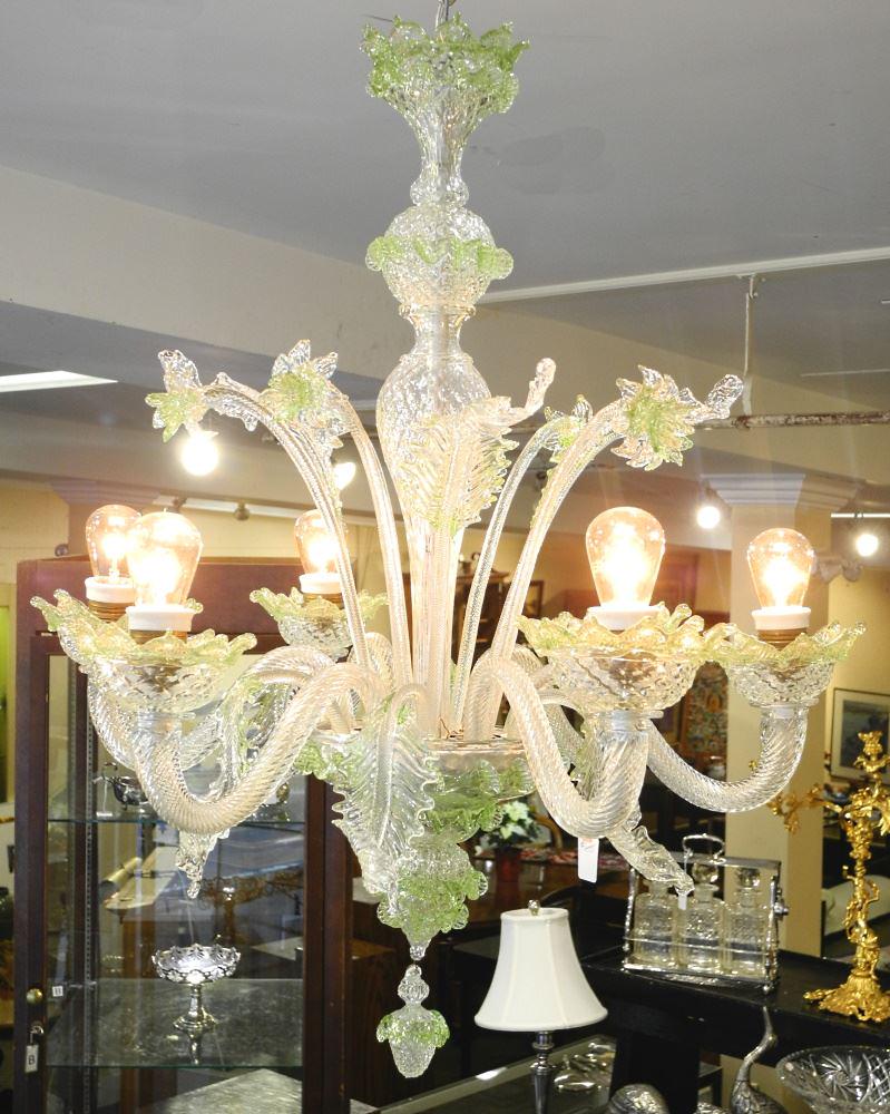 Vintage 6 Branch Green & Clear Murano Glass Chandelier, (1 of 2)
