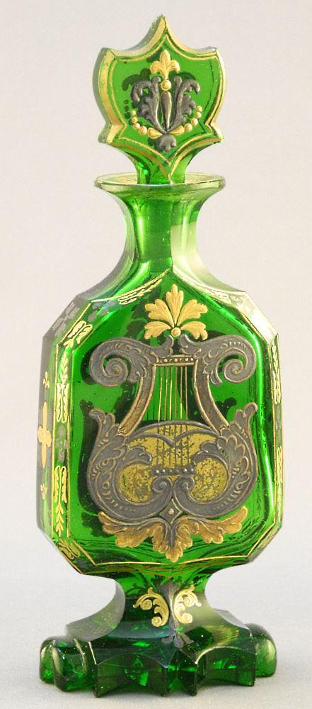 Bohemian Green Cut Glass "Silver Harp" Perfume Bottle, (1 of 2)