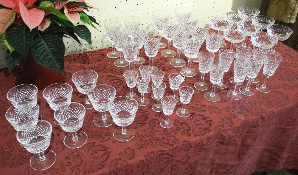 Waterford Alana Crystal: 3 Sizes of Wine Glasses,: Waterford Alana Crystal: 3 Sizes of Wine Glasses, Sherry Glasses, Dessert Glasses, etc.Eight 4 1/4" champagne/ sherbetEight 5 1/8" sherryEight 5 7/8" claret/ wine ***one of these has a shell out of th