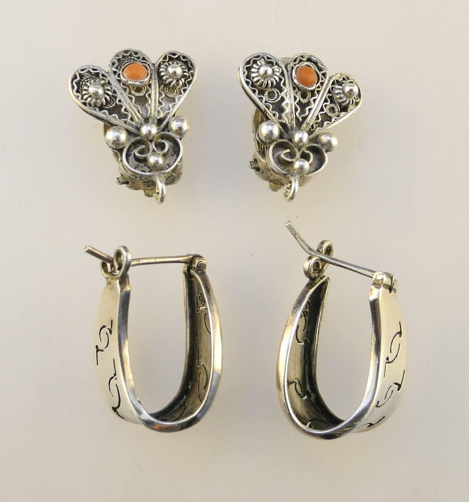 2 Pairs of Sterling Silver Earrings: 1 Pierced Hoops & (1 of 2)