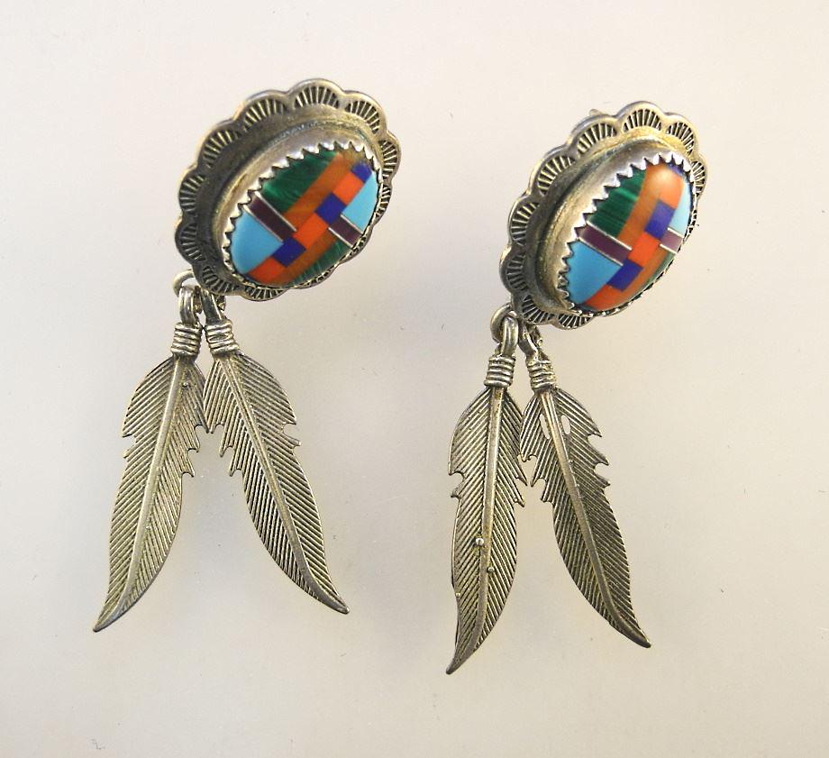 Pair of New Mexico Inlaid Silver Feather Earrings: (1 of 1)