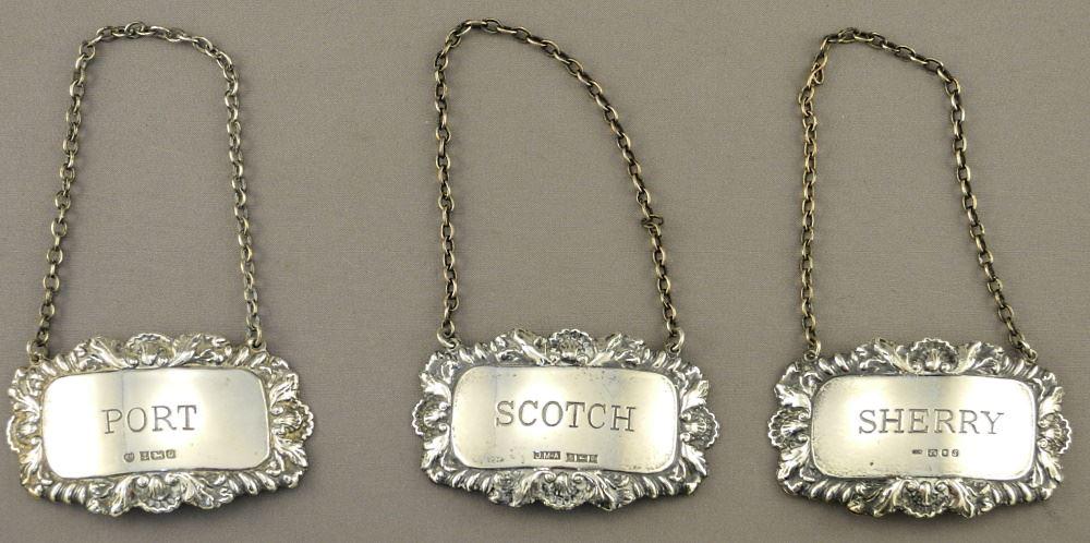 3 Sterling Silver Wine Labels: Scotch/ Port/ Sherry, 2: 3 Sterling Silver Wine Labels: Scotch/ Port/ Sherry, 2 1/4" wide.
