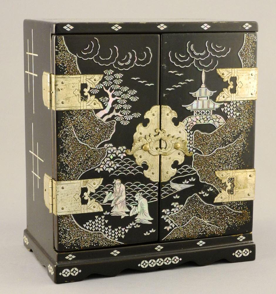 Chinese Lacquer Jewellery Box (8"H) with Sterling (1 of 4)