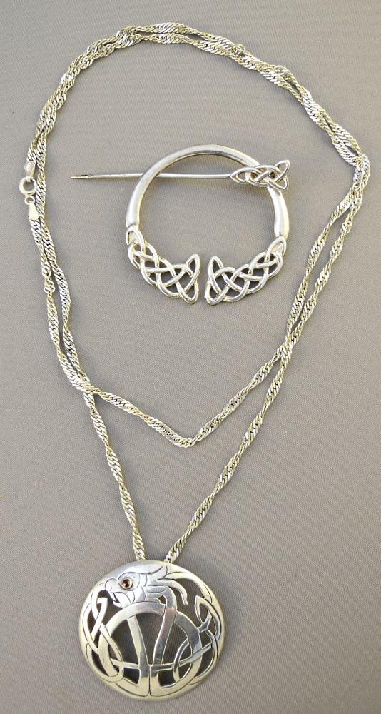 2 Celtic Jewellery Items: Silver Fibula Brooch/ signed (1 of 2)