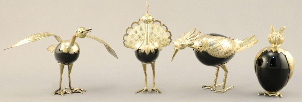 5 Mexican 925 & Onyx Bird Figurines, 3" - 3 7/8" high. (1 of 4)