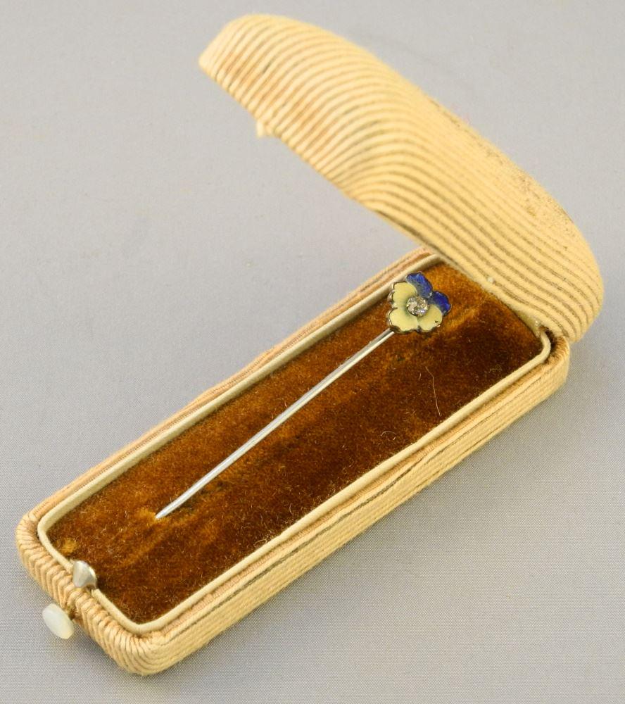 Enameled "Pansy" Stick Pin in Box.: Enameled "Pansy" Stick Pin in Box.