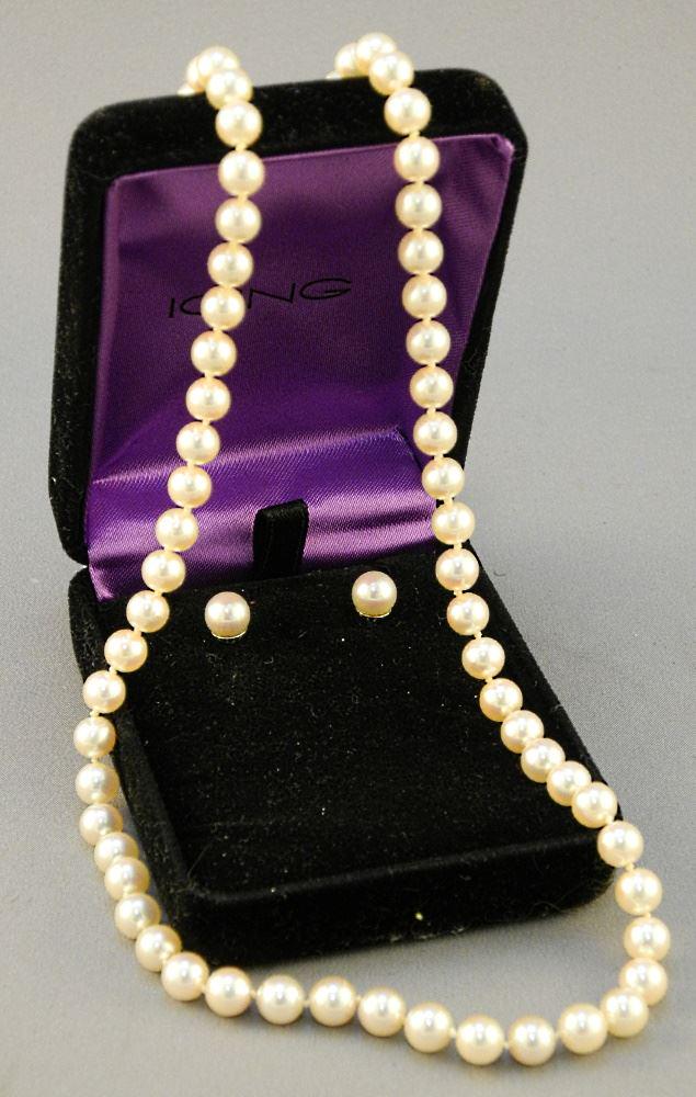 Strand of Uniform Pearls & a Pair of Earrings, clasp: Strand of Uniform Pearls & a Pair of Earrings, clasp 14K.