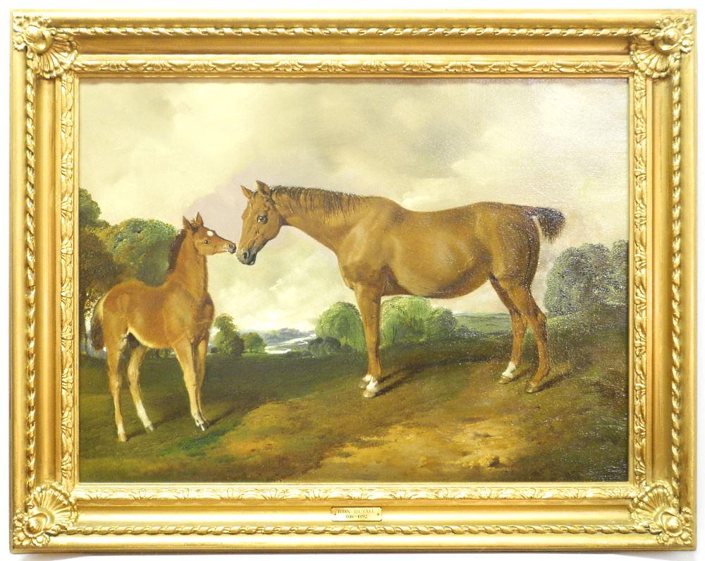 Oil on Canvas attributed to John Duvall, 16 1/2" x 22: Oil on Canvas attributed to John Duvall, 16 1/2" x 22 1/4", "Thoroughbred with Foal".