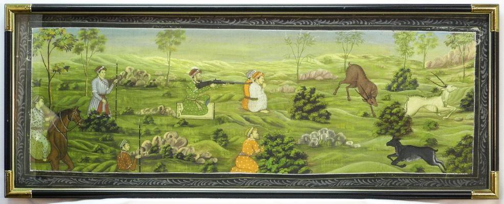 Antique Mughal Hunt Scene on Silk, 15 1/4" x 42".: Antique Mughal Hunt Scene on Silk, 15 1/4" x 42".