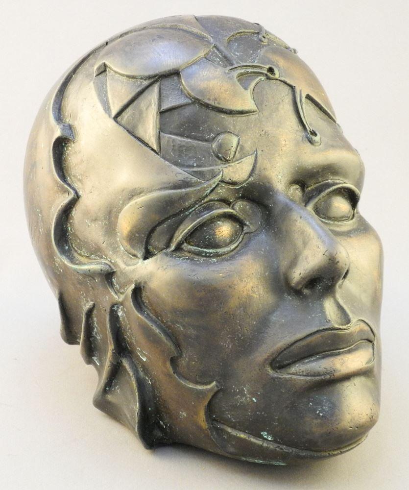Cast Bronze "Futurist" Head signed Ari (Schaffer) '90,: Cast Bronze "Futurist" Head signed Ari (Schaffer) '90, #2/3, 7 1/4" x 6" x 9 1/2".