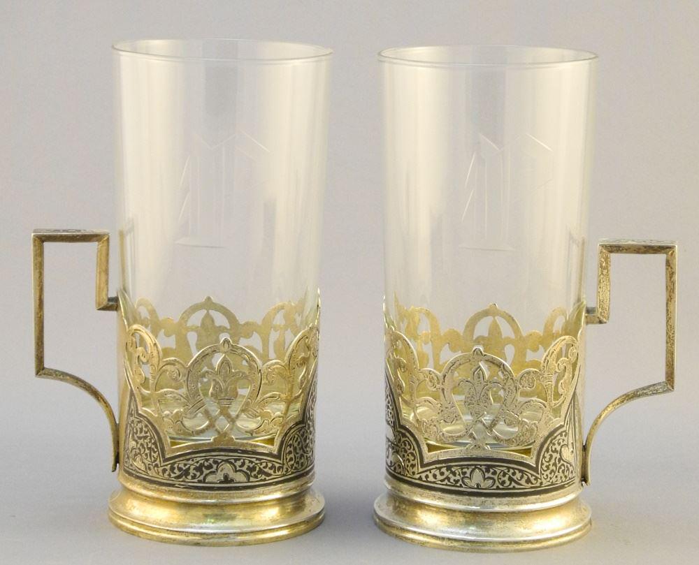 Russian Silver Glass Holder with 2 Crystal Glasses, 6" (1 of 9)