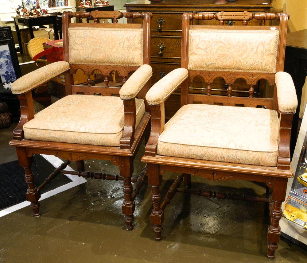 Pair of Walnut Upholstered Armchairs.: Pair of Walnut Upholstered Armchairs.