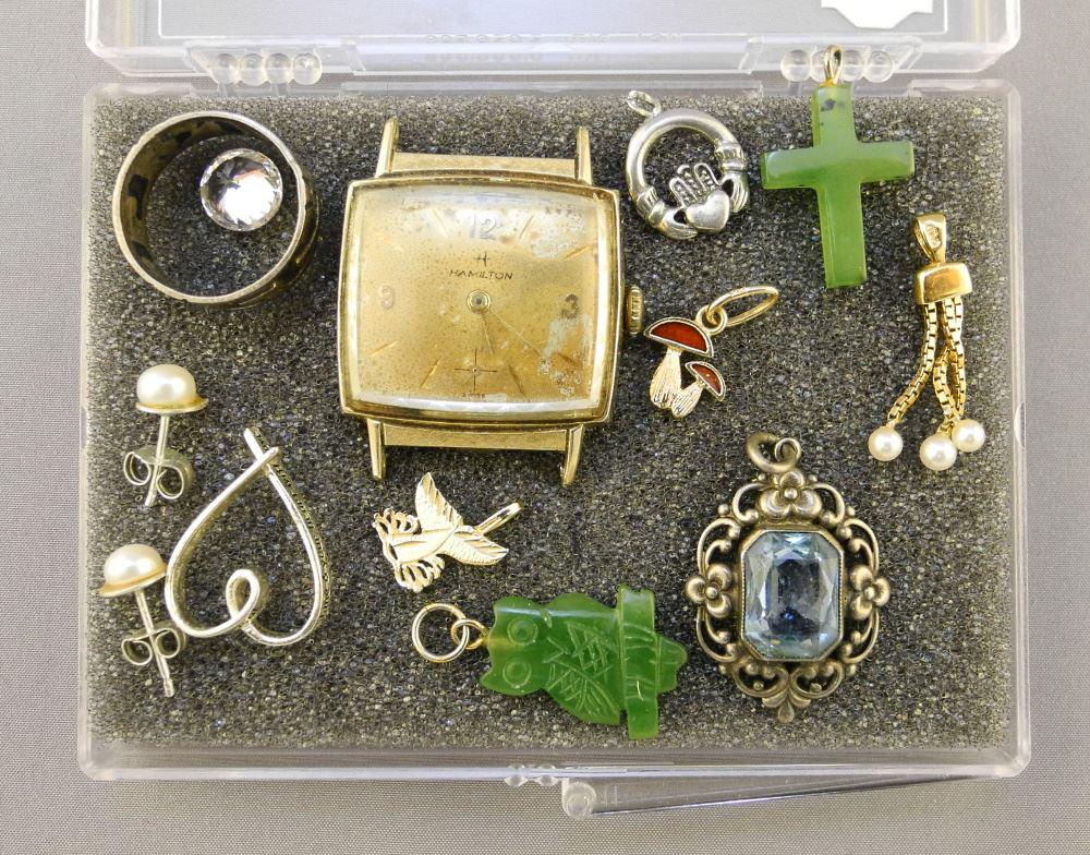 Box of 14K / BC Jade Charms & Vintage Hamilton Piece.: Box of 14K / BC Jade Charms & Vintage Hamilton Piece.