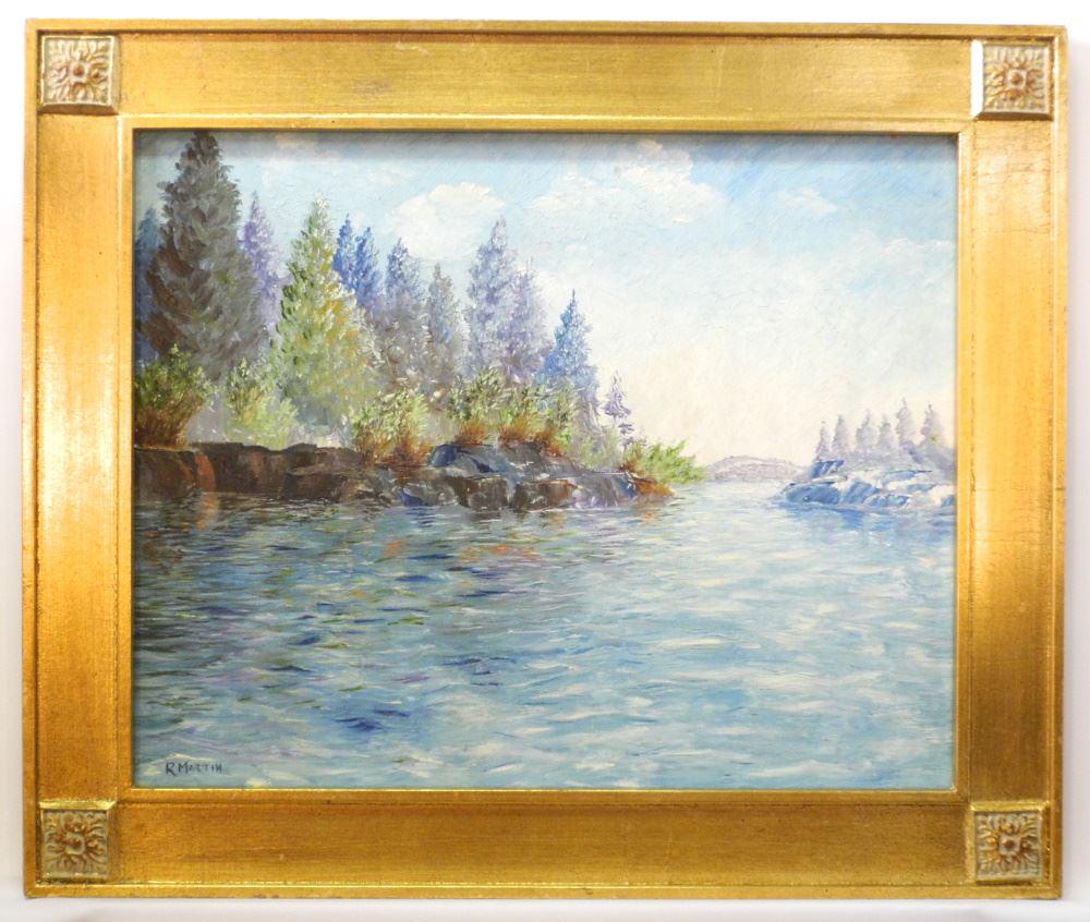 Oil on Masonite signed R. (Ron) Martin, 15 1/2" x 19: Oil on Masonite signed R. (Ron) Martin, 15 1/2" x 19 1/2", "Lake View with an Island".