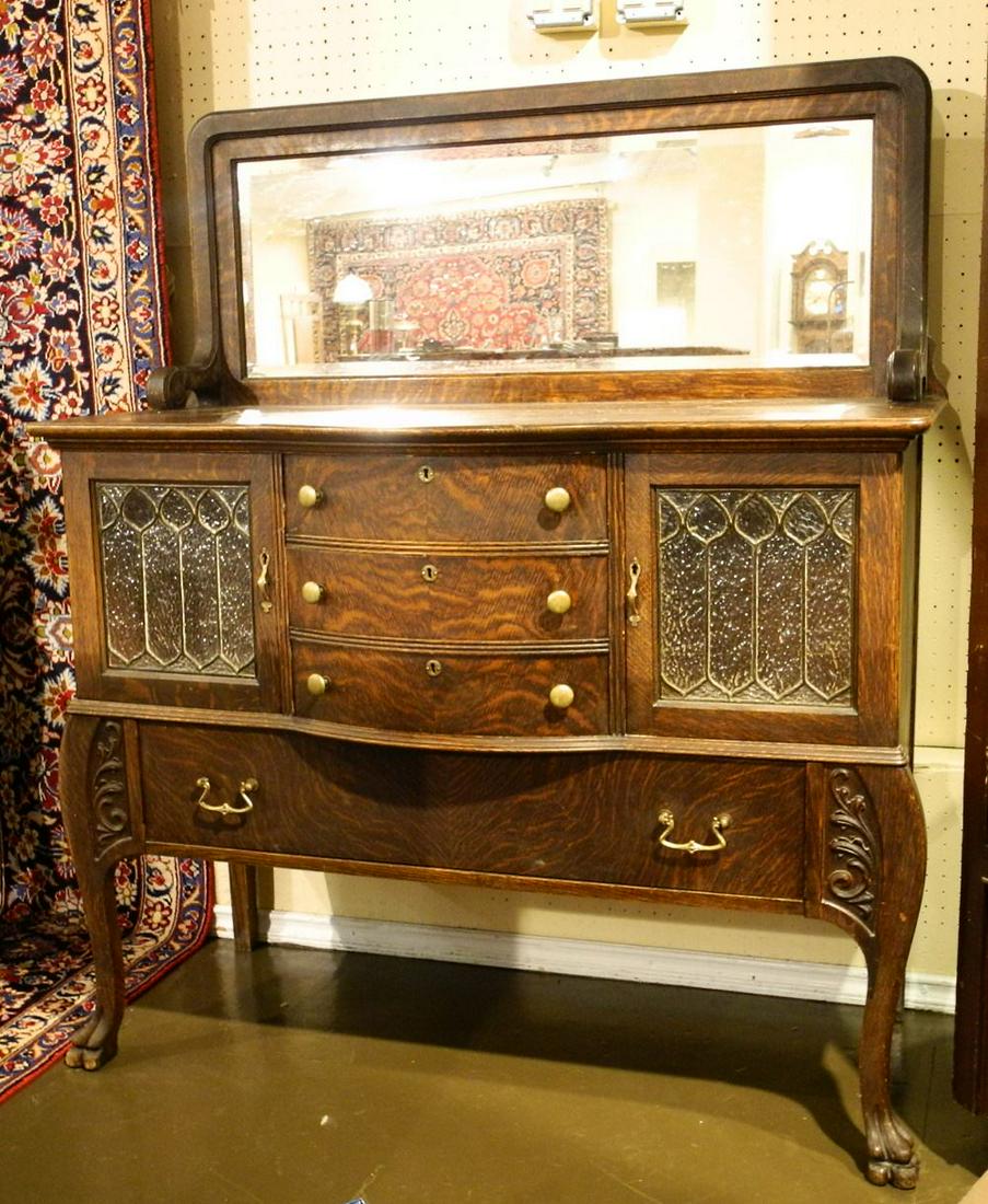 Oak Mirror Backed Sideboard with leaded glass doors. (1 of 3)