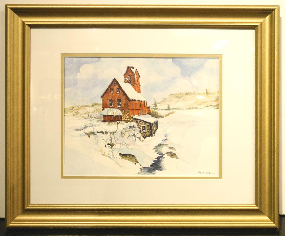 Watercolour signed A.(Ann) Connor, 10 1/2" x 13 1/2",: Watercolour signed A.(Ann) Connor, 10 1/2" x 13 1/2", "The Mill in Winter".