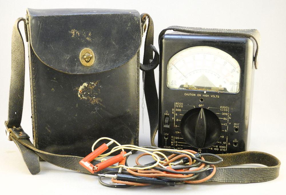 Bakelite Ampmeter in Leather Case, 9" x 6 1/2".: Bakelite Ampmeter in Leather Case, 9" x 6 1/2".