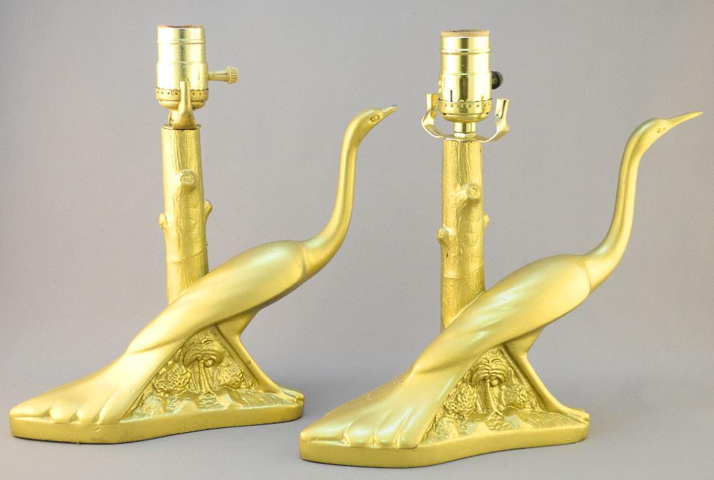 Pair of Gold Tone Wading Bird Lamps, 10 1/4" high,: Pair of Gold Tone Wading Bird Lamps, 10 1/4" high, require rewiring.