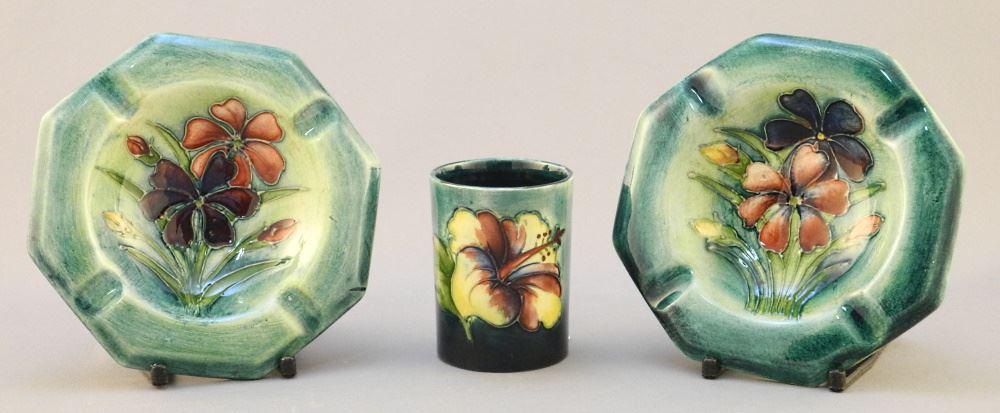 Pair of Moorcroft "Wild Flowers" Ashtrays & a Moorcroft: Pair of Moorcroft "Wild Flowers" Ashtrays & a Moorcroft "Hibiscus" Cigarette Holder (2 1/2").