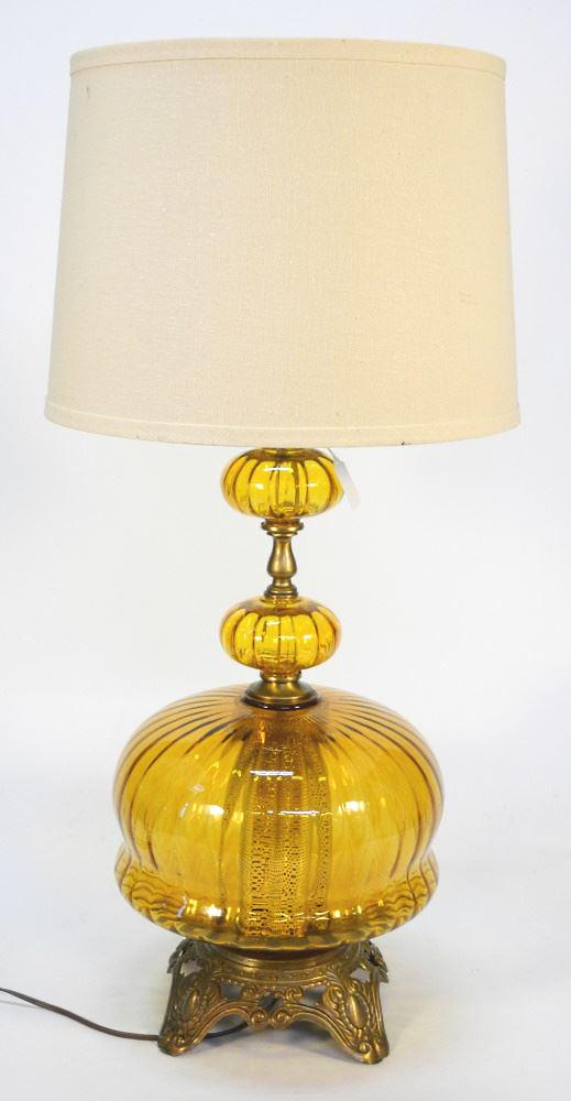 1960's Amber Glass Table Lamp, 29 1/2" High. (1 of 2)