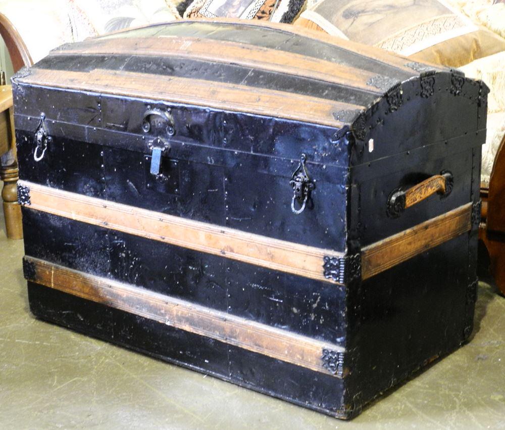 Antique Wood Bound Dome Top Trunk, 34" wide. (1 of 3)