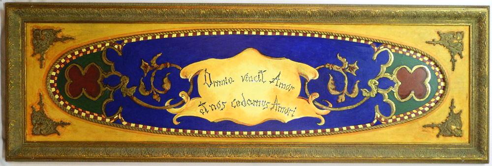 Hand Lettered Mirror with Latin Inscription, 72" wide.: Hand Lettered Mirror with Latin Inscription, 72" wide.