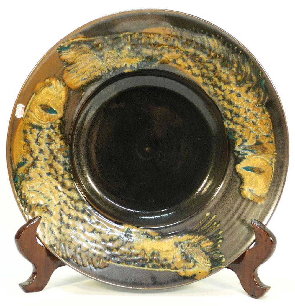 Robin Hopper "Fish" Design Rimmed Bowl, 17" diameter.: Robin Hopper "Fish" Design Rimmed Bowl, 17" diameter.