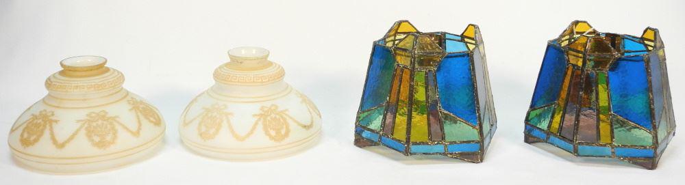 Pair of Glass Lampshades "Swag & Grecian Key" (7 1/2": Pair of Glass Lampshades "Swag & Grecian Key" (7 1/2" dia.) & a Pair of Leaded Glass Shades, 6