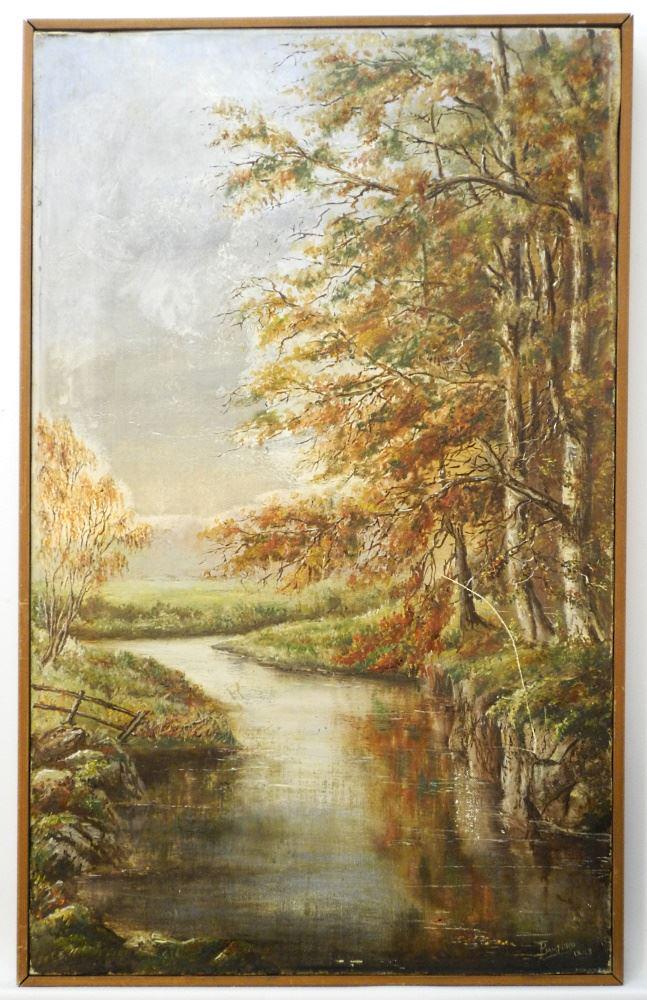 Oil on Canvas signed T. Bamford 1883, 26 1/4" x 16: Oil on Canvas signed T. Bamford 1883, 26 1/4" x 16 1/4", "Colquitz Creek", as found/ scratch