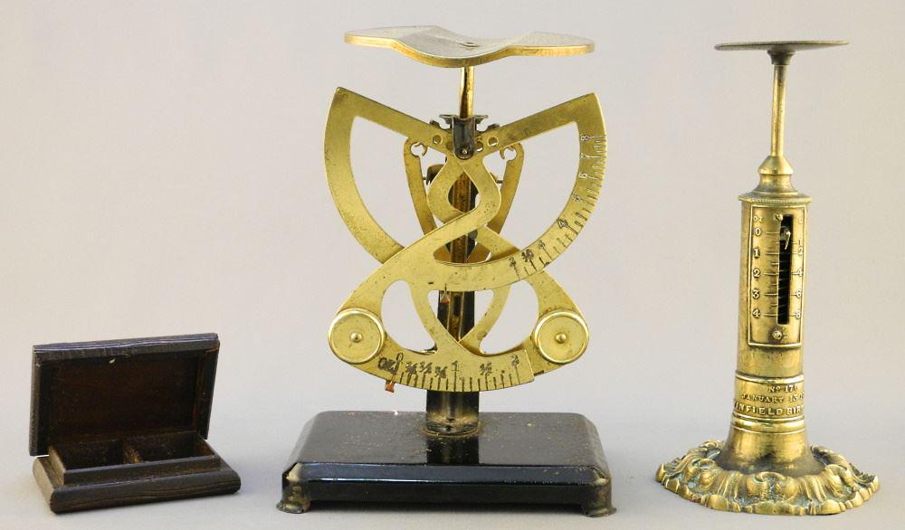 2 Antique Postal Scales (1 dated 1840) & a Treen Stamp (1 of 3)