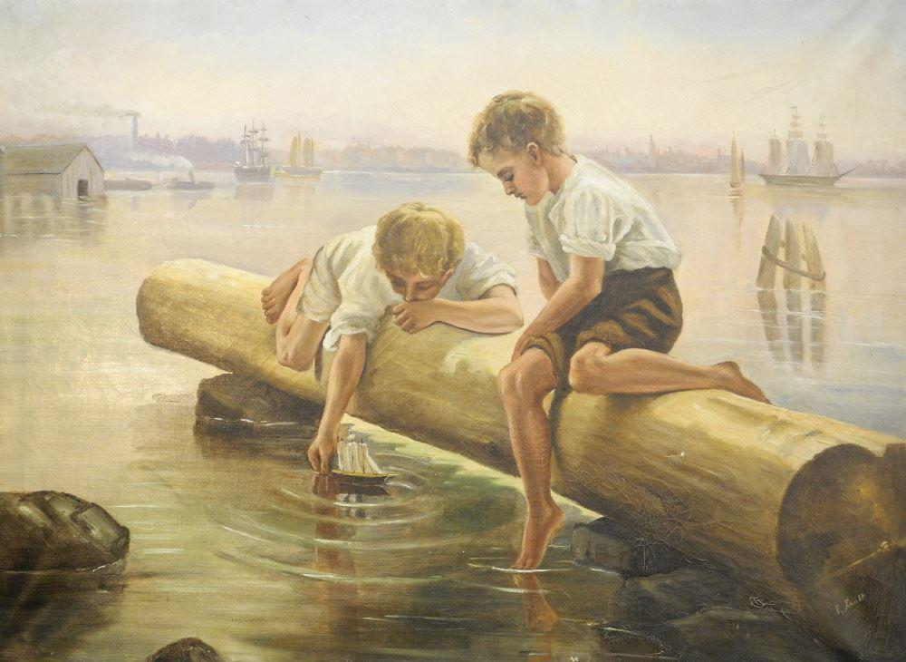 Oil on Canvas Signed E. Knott, 27" x 38", "Boys with (1 of 6)