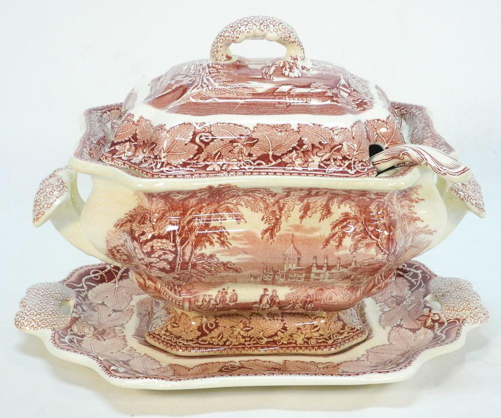 Mason's Vista Covered Tureen / Ladle / Stand,: Mason's Vista Covered Tureen / Ladle / Stand, discolouration noted, 12 1/2" wide.