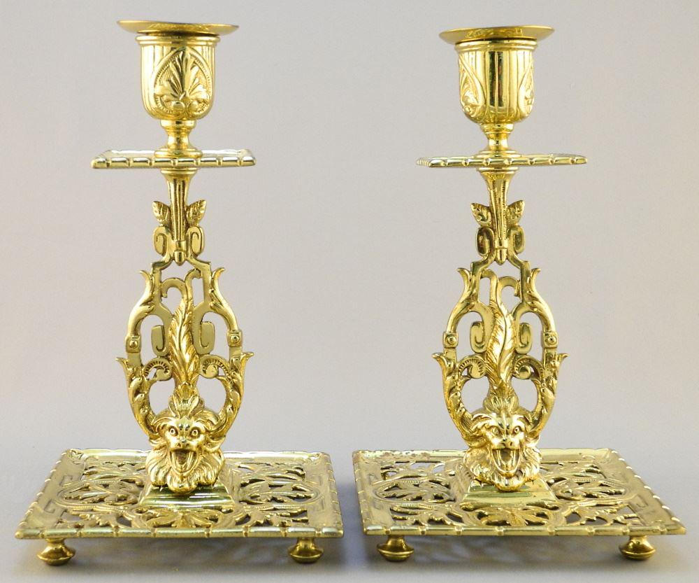 19th Century Brass Candlesticks with Drip Pans, Signed (1 of 5)