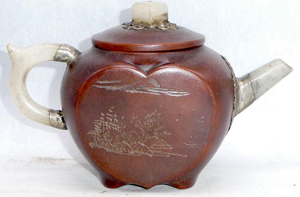 Yixing Stone Inset "River Landscape" Teapot, 7" length, (1 of 4)