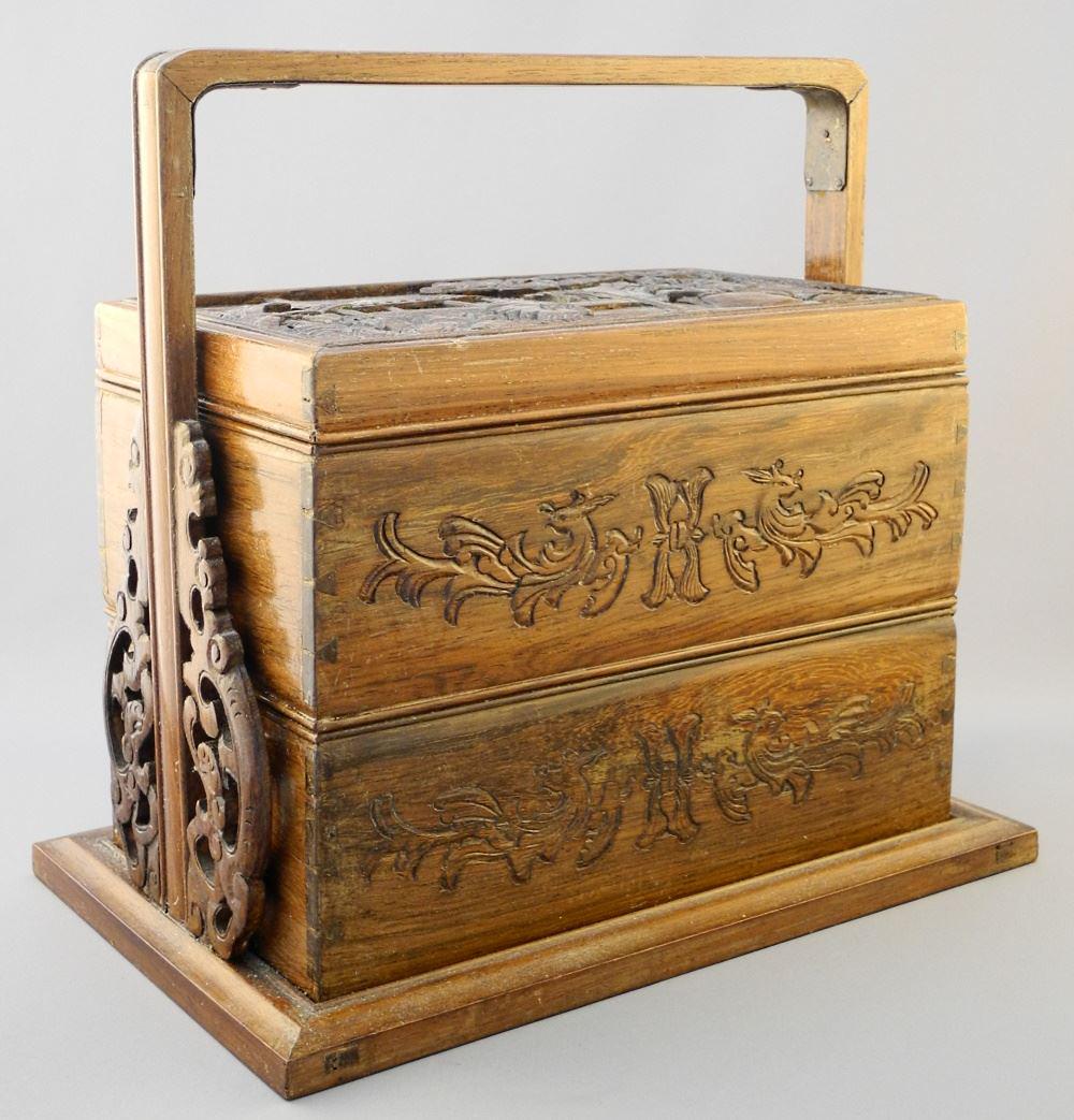 Chinese Stacking Box, 3 Carved Tiers, 11" x 11 5/8" x 7 (1 of 3)
