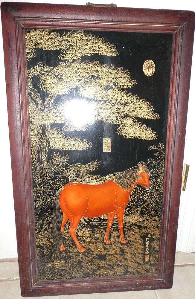 Gilt & Famille Rose "Red Horse" Framed Plaque, 34 1/2" (1 of 2)