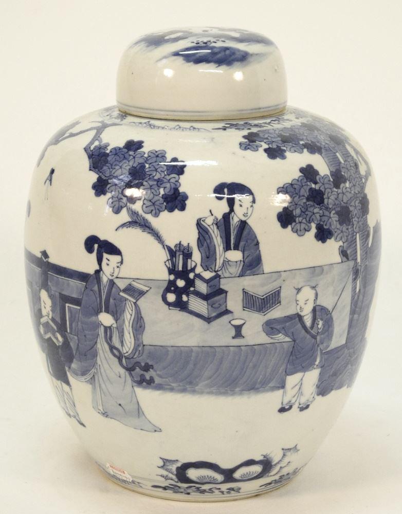 Chinese Blue & White Covered Vase with School Scene, (1 of 2)