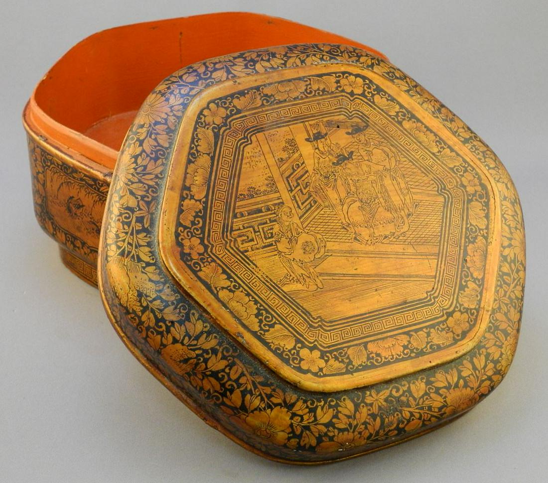 Chinese Gilt & Scarlet Lacquer Hexagonal Box, 5 1/4" x (1 of 2)