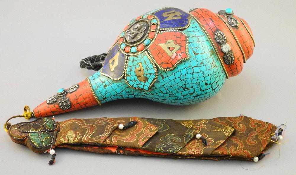 Tibetan Conch Shell Inset with Coral & Turquoise, 10", (1 of 4)