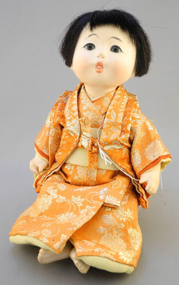 Antique Japanese Doll with Glass Eyes/ Real Hair &: Antique Japanese Doll with Glass Eyes/ Real Hair & Brocade Kimono.