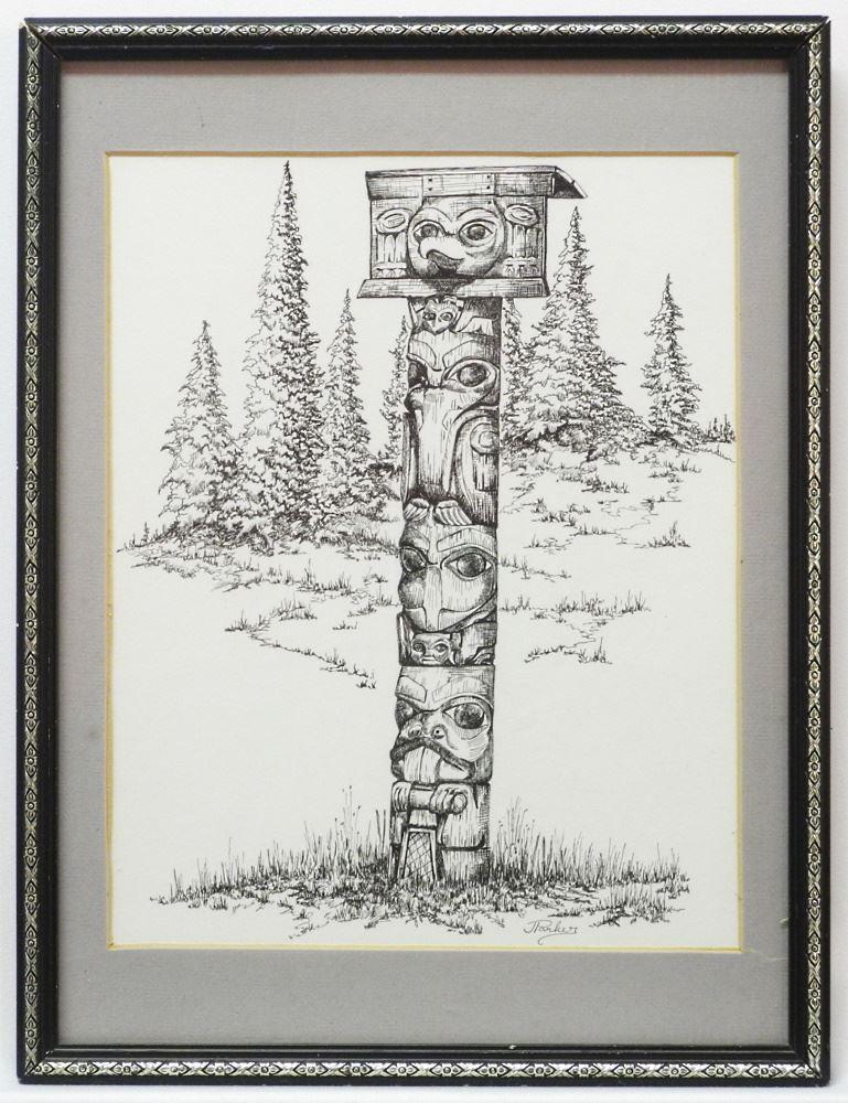 Ink Drawing Signed J. Parker, 12 1/2" x 9 3/4", "Totem (1 of 2)