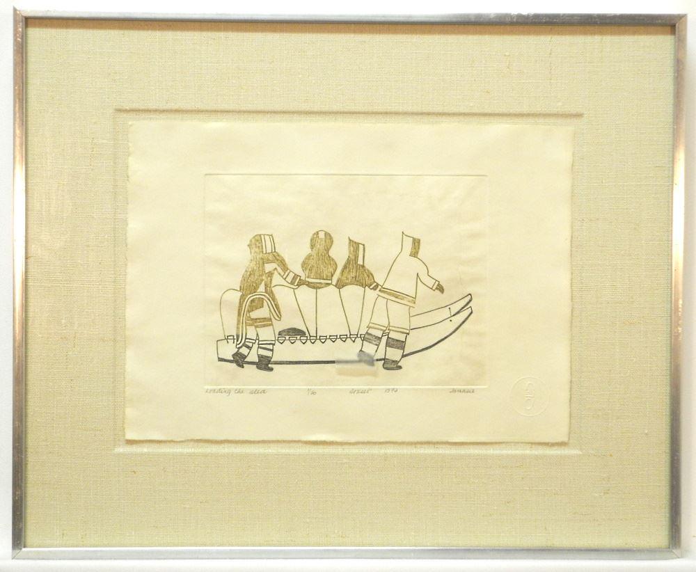 Inuit Print Signed Jamasie/1972, 9" x 12", "Loading the (1 of 3)
