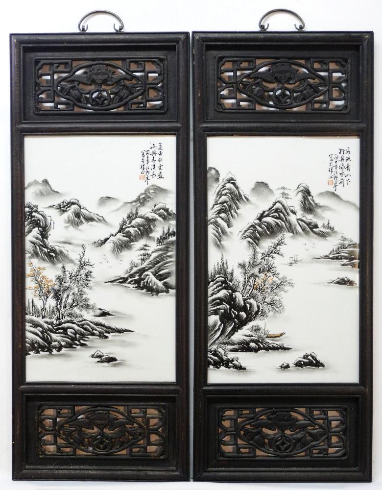 2 Chinese Blue & White Framed Porcelain Plaques, 31" x (1 of 3)