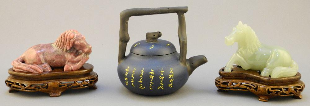 Yixing Ware Teapot & 2 Carved Hardstone Horses with (1 of 2)