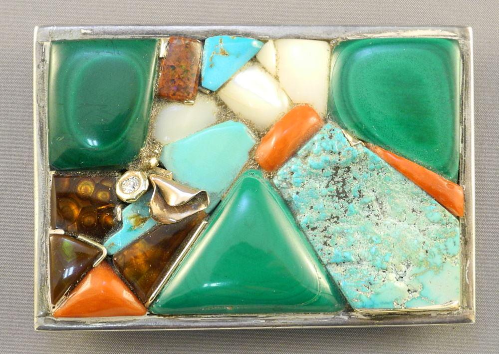 Unsigned Southwest Silver Belt Buckle: Malachite/ (1 of 2)