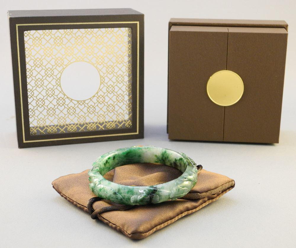 Spinach Green Type A Jadeite Carved Bangle, Fish & (1 of 3)