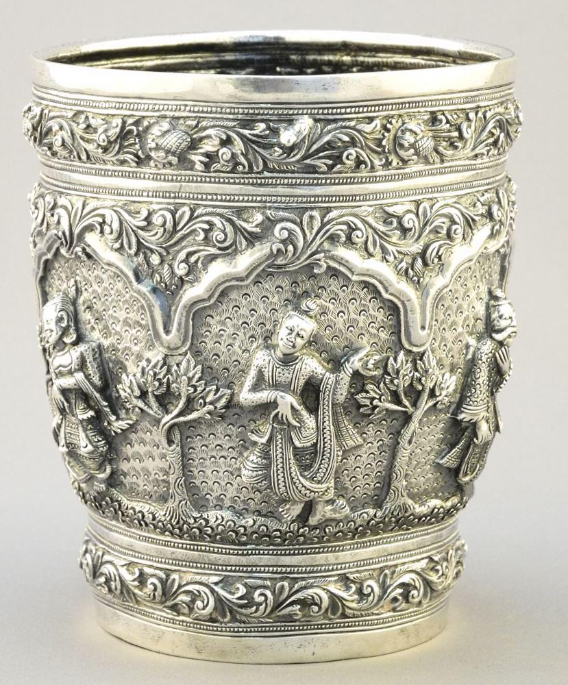 South East Asian Unmarked Silver High Relief Goblet, 4: South East Asian Unmarked Silver High Relief Goblet, 4 5/8" High, 308 Grams.