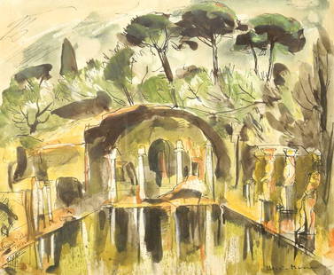 Watercolour Signed Henri Masson, 13 1/4" x 16",: Watercolour Signed Henri Masson, 13 1/4" x 16", "Adrian's Villa, Tivoli".