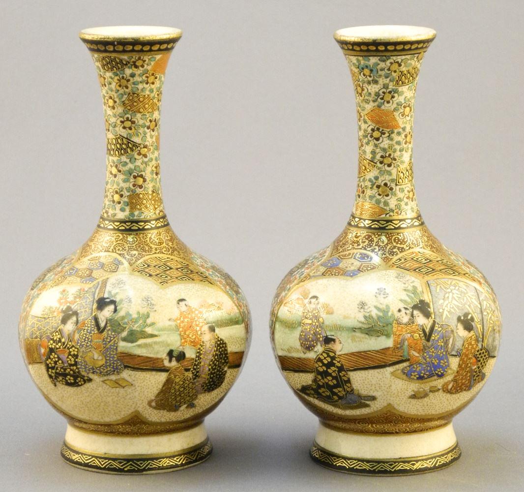 Pair of Satsuma Hexagonal Bottle Vases, 4 7/8" High. - (1 of 10)