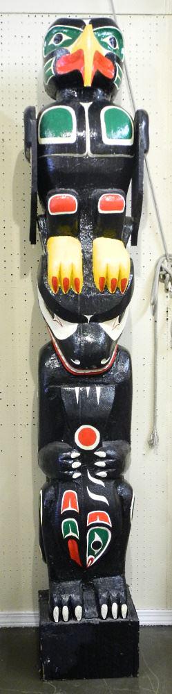 Kwagiulth Totem Pole, Unsigned, Carved and Painted: Kwagiulth Totem Pole, Unsigned, Carved and Painted Cedar, 90" High
